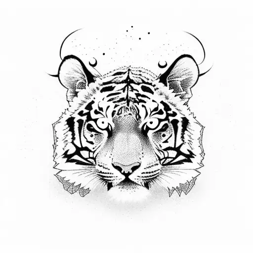 A Unique Dotwork Design Combining The Elements Of A Tiger And A Vibrant Flower Bouquet