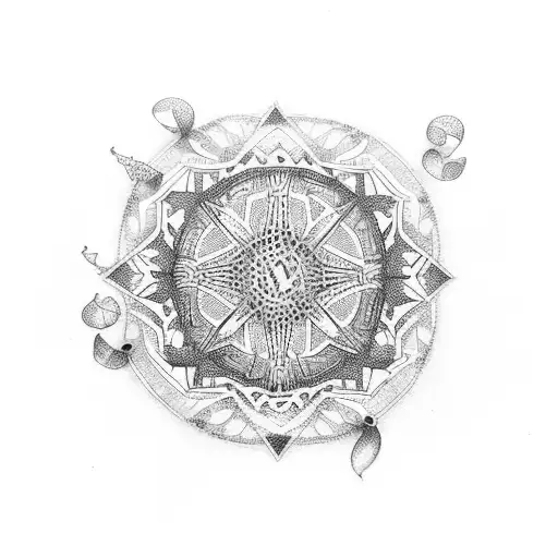 A Dotwork Design Combining Elements Of Fashion And Religious Symbolism