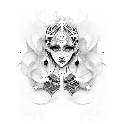 A Dotwork Design Combining Elements Of Fashion And Religious Symbolism