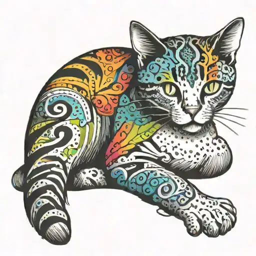A Whimsical Design Of A Cat Hugging An Ankle With Vibrant Colors