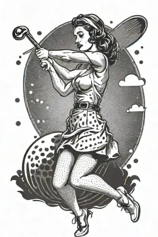 Pinup Girl Swinging A Golf Club In A Retro 50S Outfit