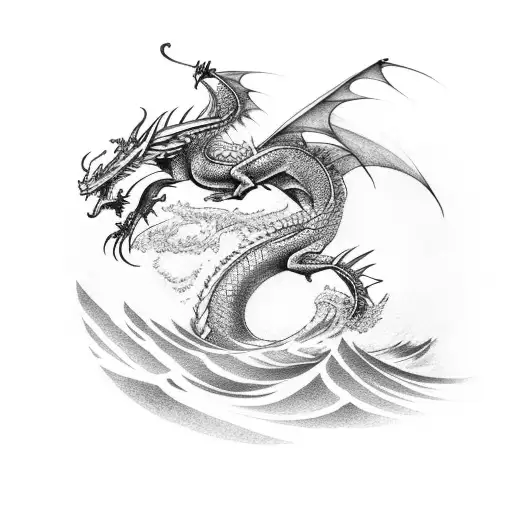 A Tattoo Of A Dragon Surfing On A Wave