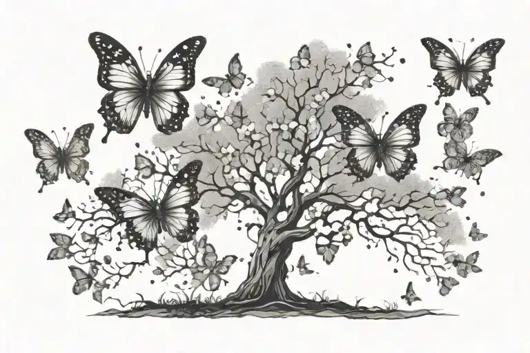 A Tree With 3 Butterflies Flying Away