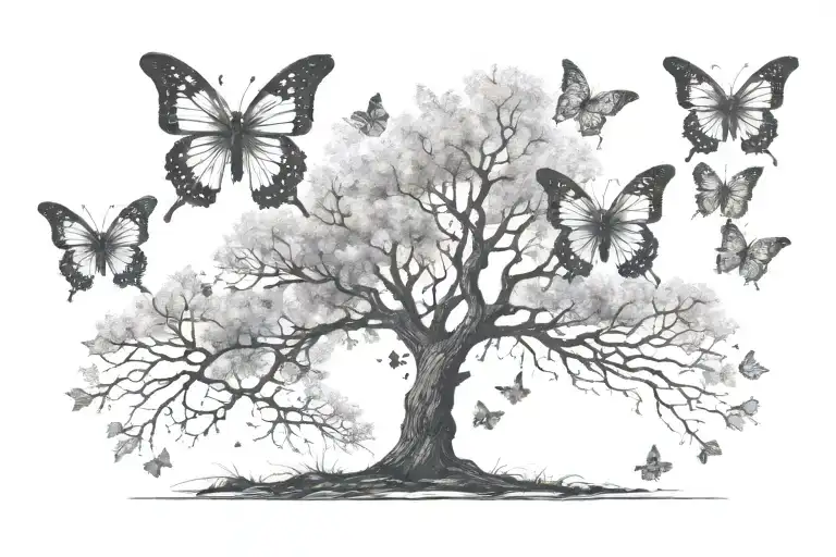 A Tree With 3 Butterflies Flying Away