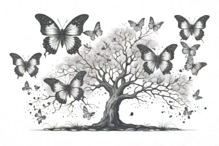 A Tree With 3 Butterflies Flying Away