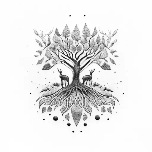 A Dotwork Tattoo Depicting A Serene Forest Scene With Animals And Plants Intertwined