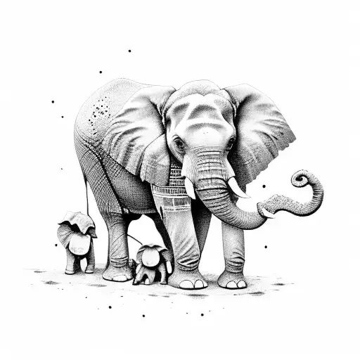 Mom Elephant And 3 Babys