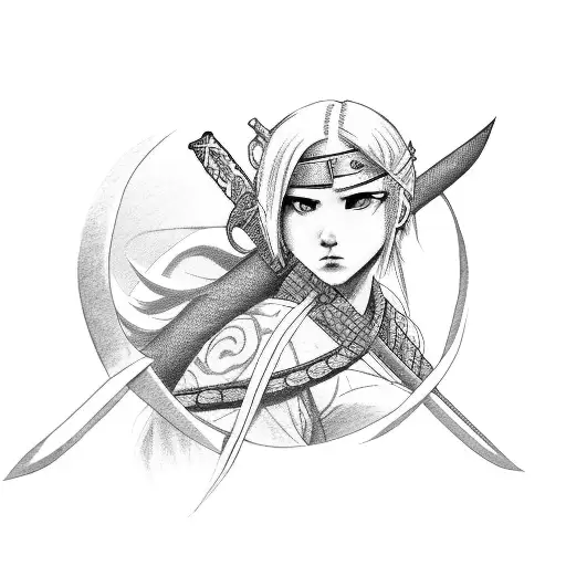 Girl Ninja With White Hair A Scar In Her One Eye A Katana And Hair Bandana Tattoo Style