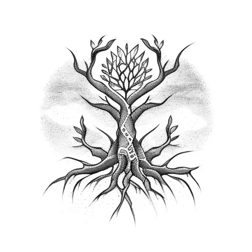 A Dotwork Tattoo Of A Tree With Olho-shaped Leaves And Roots