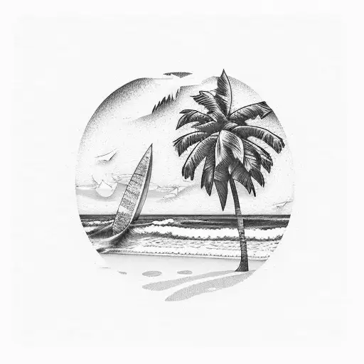 A Beach Bonfire With Palm Trees And Surfboards In The Background