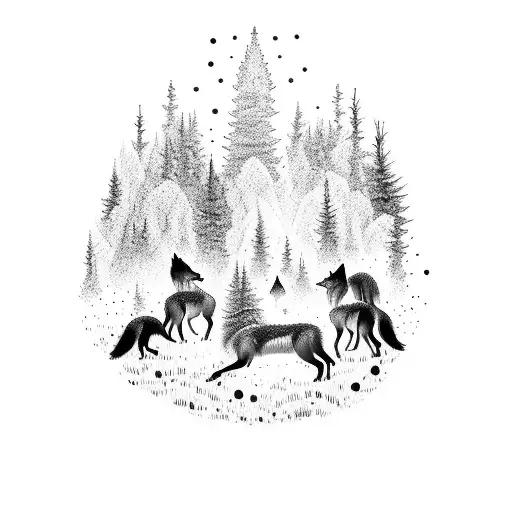 A Dotwork Tattoo Of A Serene Forest Landscape With A Pack Of Wolves Running Through It