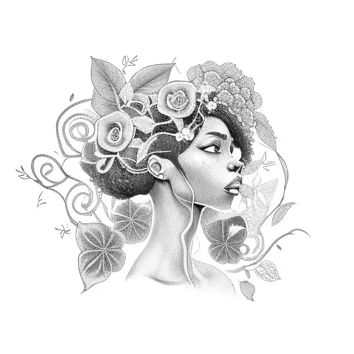 Side Profile Black Girl With Flowers And Vines For Hair