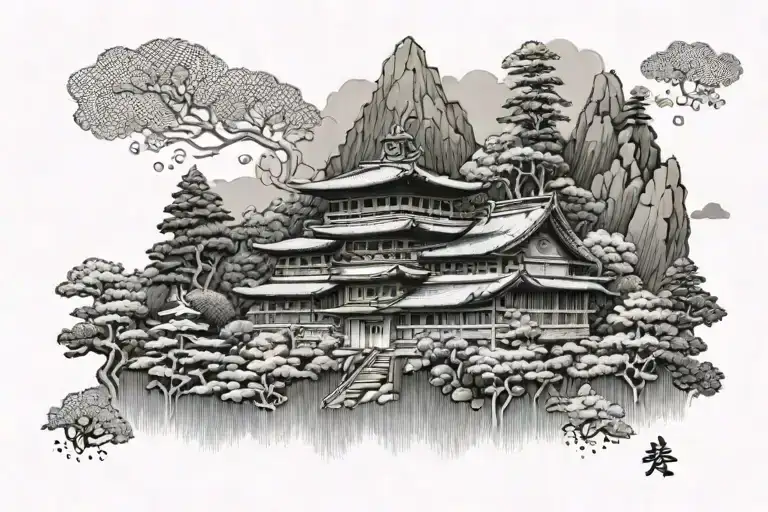 Japanese 3 Story Building On The Mountain And Forest Background