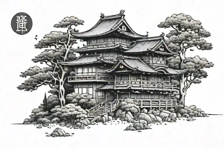 Japanese 3 Story Building On The Forest Background