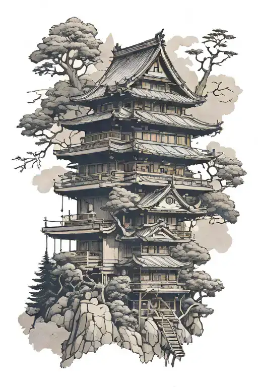 Japanese 3 Story Building In The Mountains With The Forest Background