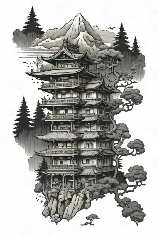 Japanese 3 Story Building In The Mountains With The Forest Background