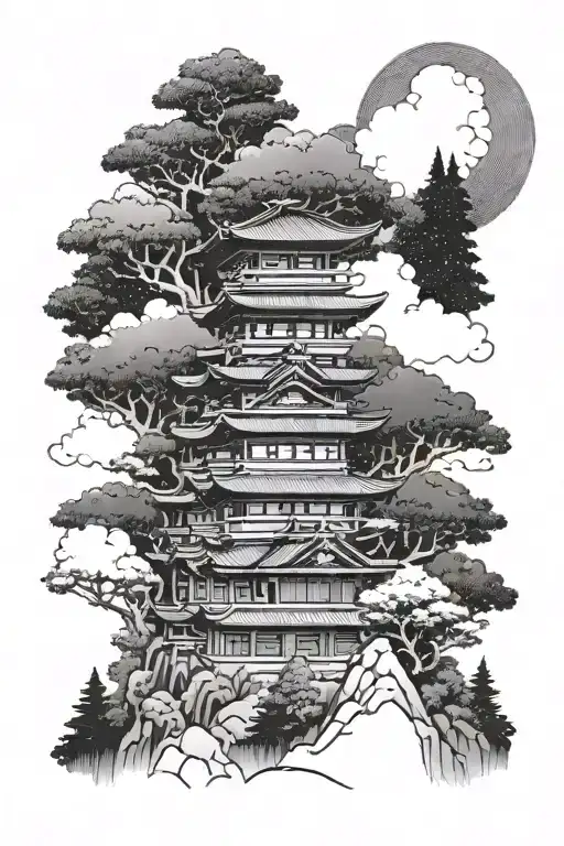 Japanese 3 Story Building In The Mountains With The Forest Background