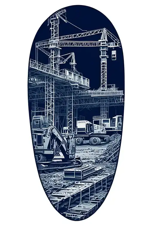 Create A Dotwork Tattoo Featuring A Detailed Blueprint Of A Construction Site With Heavy Machinery