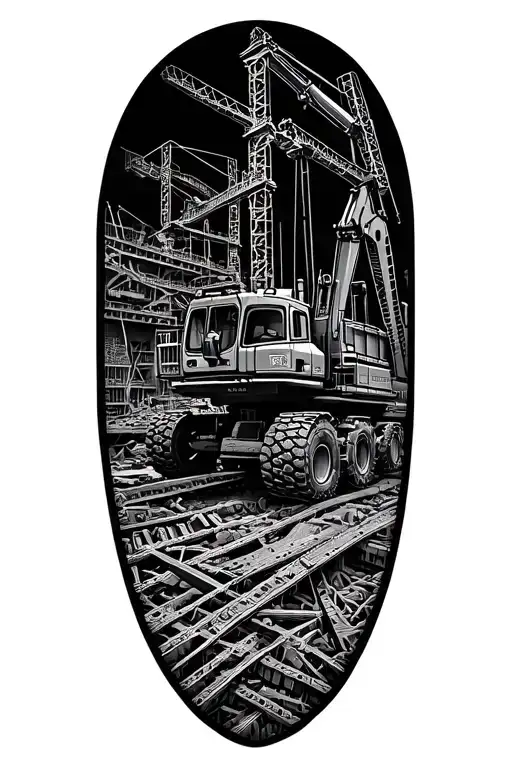 Create A Dotwork Tattoo Featuring A Detailed Blueprint Of A Construction Site With Heavy Machinery