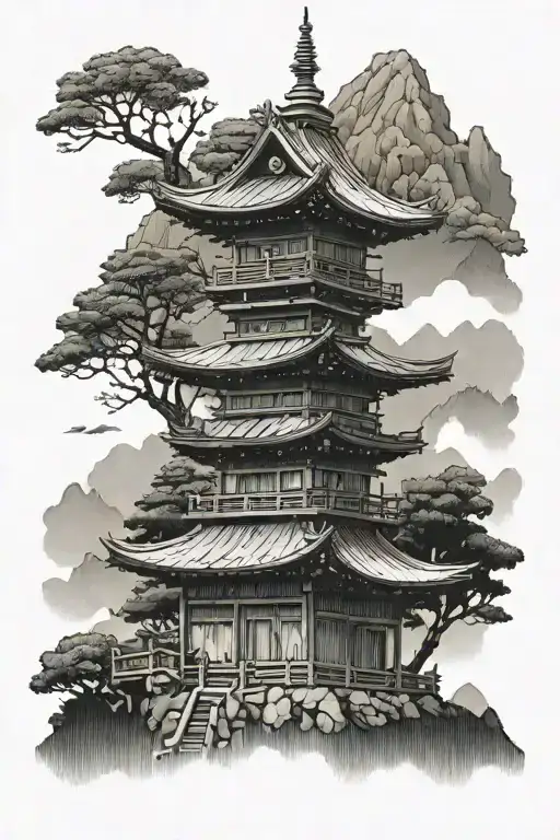 Japanese Temple In The Mountains With The Forest Background