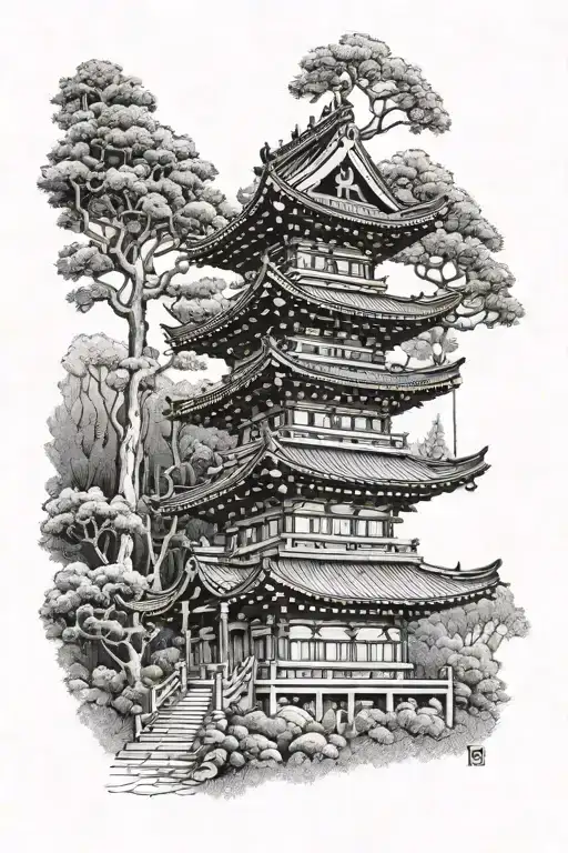 Japanese 2 Story Temple In The Mountains With The Forest Background