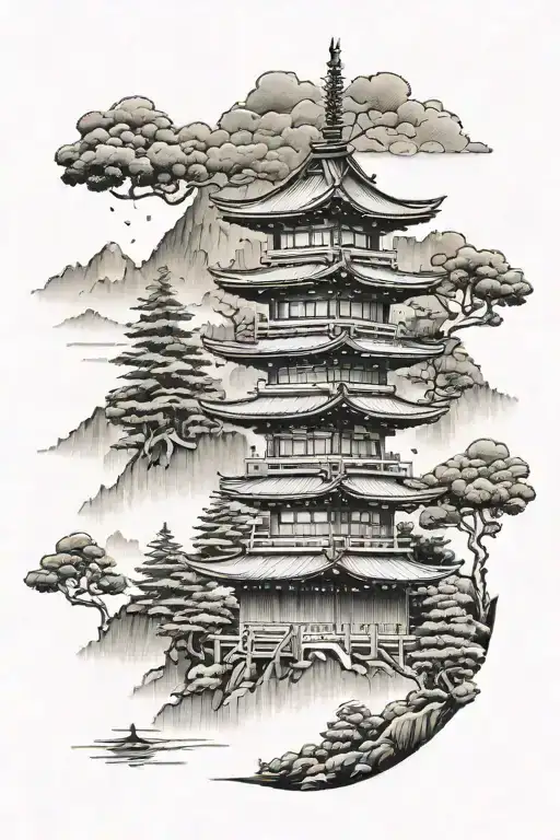 Japanese Temple In The Mountains With The Forest Background