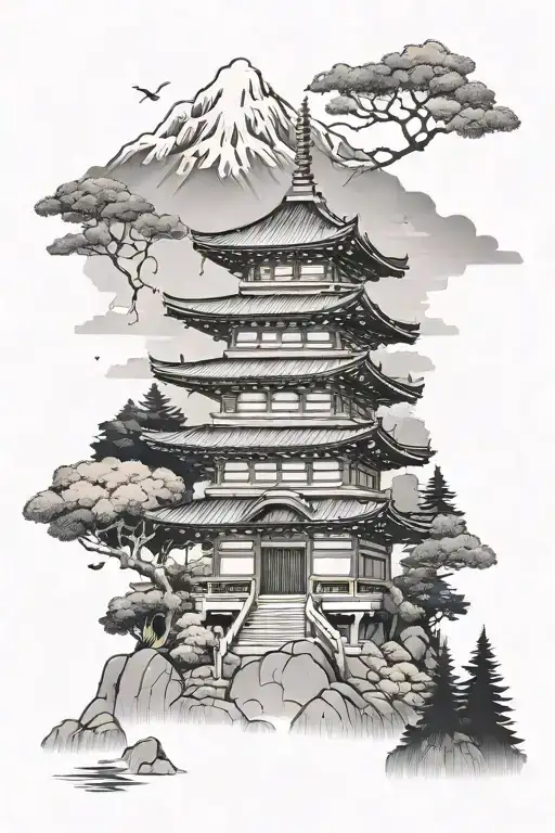 Japanese Temple In The Mountains With The Forest Background