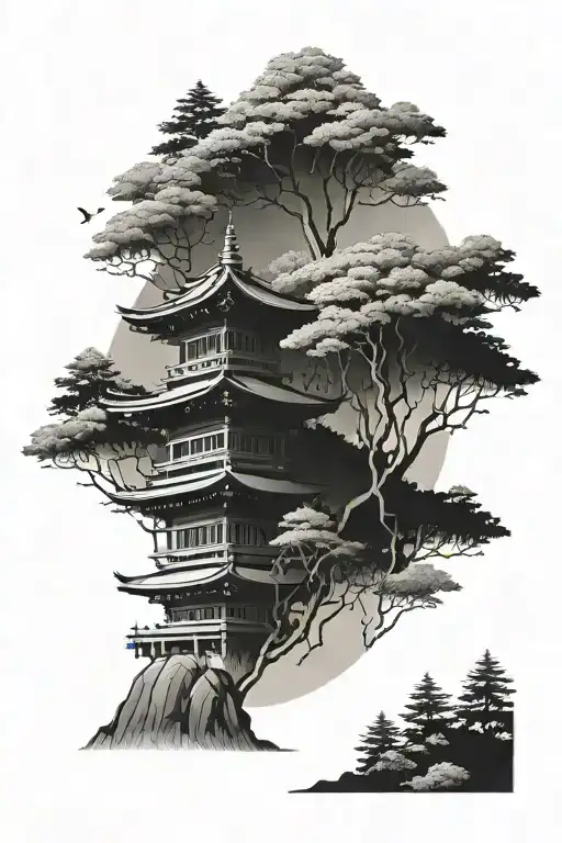 Japanese Temple In The Mountains With The Forest Background