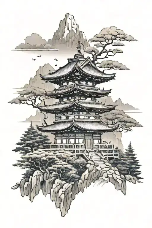 Japanese Temple In The Mountains With The Forest Background