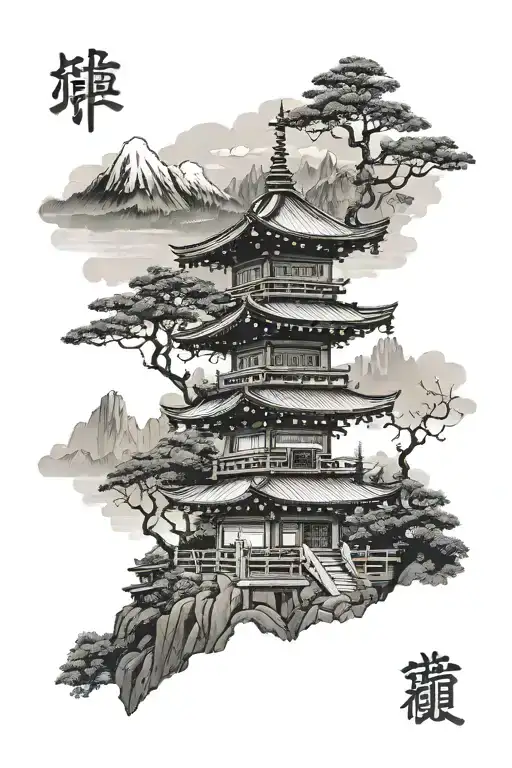 Japanese Temple In The Mountains With The Forest Background