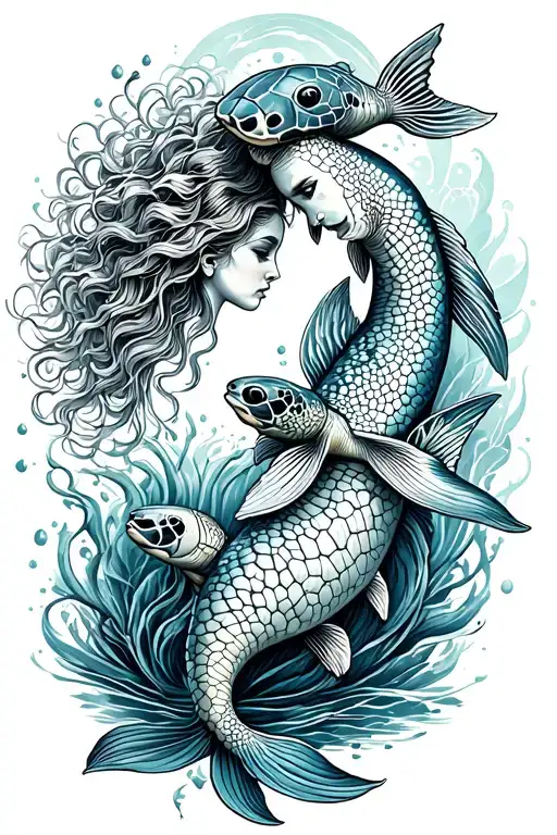 Mermaid And Sea Turtles And Koi Fish