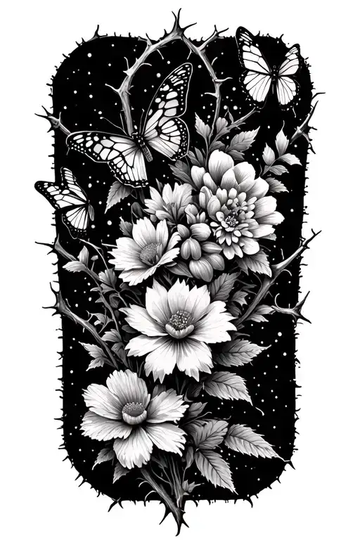 Flowers And Butterflies With Thorns Surrounded