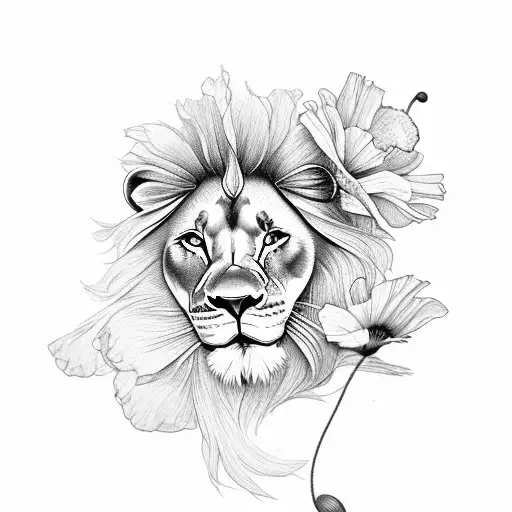 Lion With Poppies And Gladiolus And Sun On Thigh