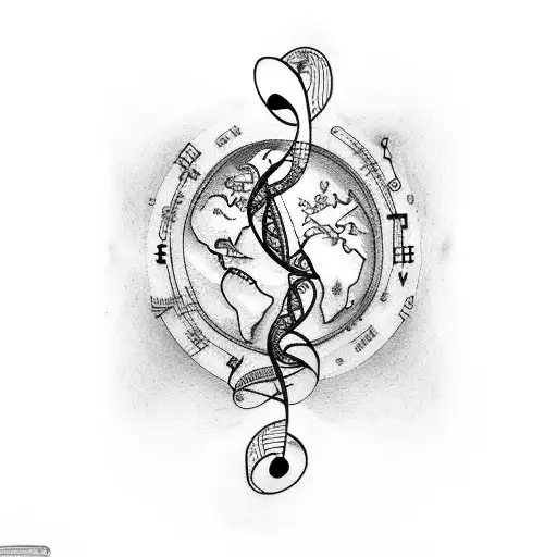 A Tattoo Of A Music Note Intertwined With A World Map