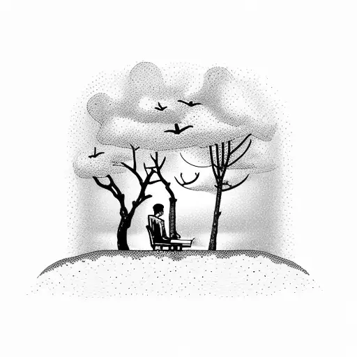 A Peaceful Beach Landscape With A Silhouette Of A Lawyer Reading A Book Under A Tree