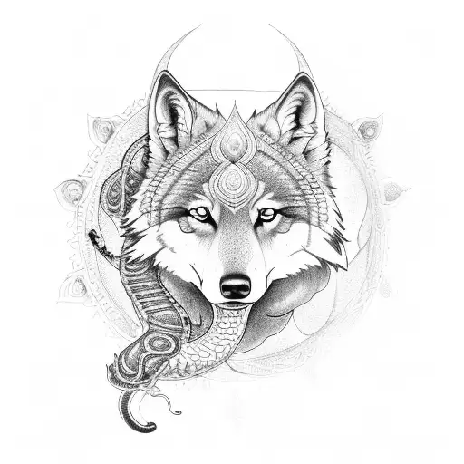 Hindusim With Flute And Chakra And Wolf And Snake