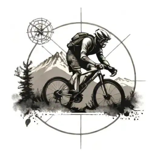 Create A Tattoo Of A Cyclist Riding Through A Mountain Range With A Compass As A Guide