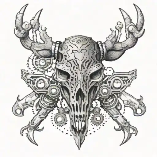 An Intricate Dotwork Design Of A Deer Skull Intertwined With Motorcycle Gears And Hockey Pucks