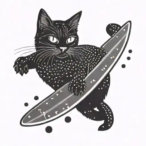 A Minimalist Design Of A Black Cat Surfing On A Paddleboard