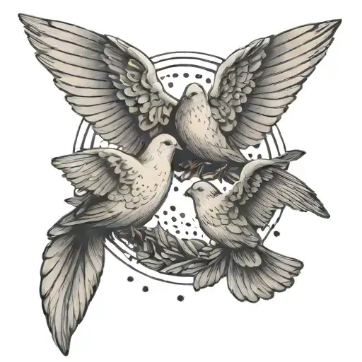 Three Doves Flying Around In Circle With Wings Open And Each Carrying A Olive Leaf