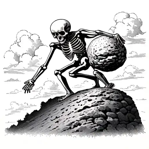 Sisyphus As A Skeleton Pushing Boulder Up Hill With Clouds In Background