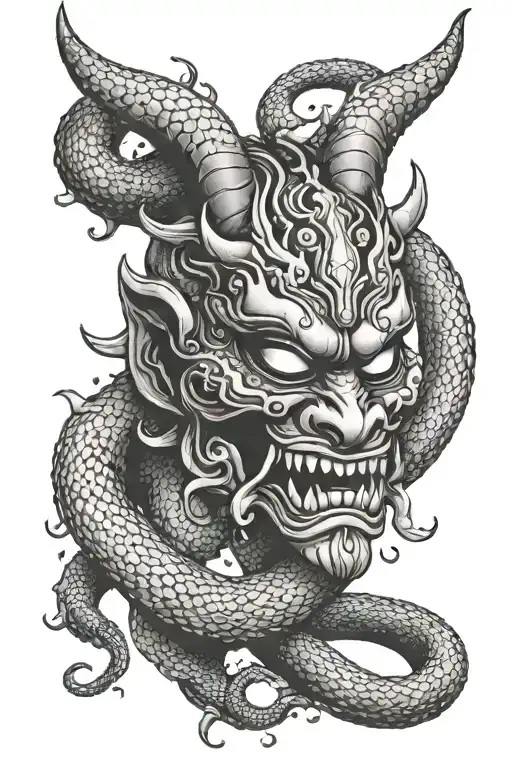 Oni Mask Surrounded With Snake Intertwined