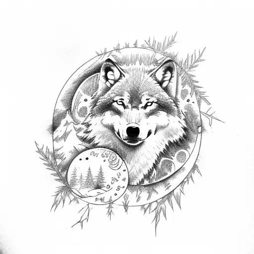 Wolf In A Forest And Moon