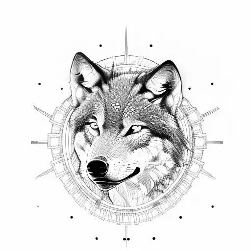A Dotwork Wolf Surrounded By Gears And Train Tracks