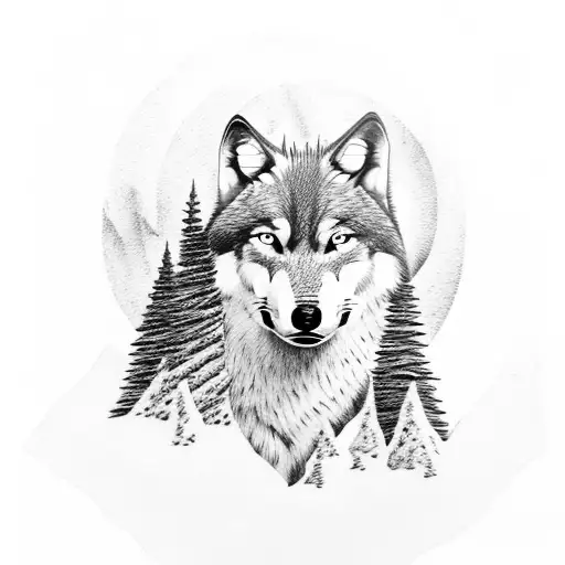Wolf Standing On Top Of Mountain With Trees And River
