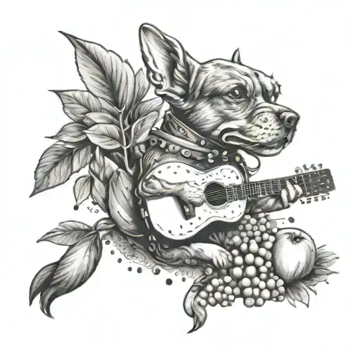 A Tattoo Design Of A Dog Playing A Guitar Surrounded By Fruits And Vegetables