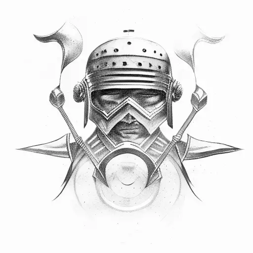 Tattoo Where Gladiator Holding His Crying Helmet With Spear Or Sword But His Face Is Smilling
