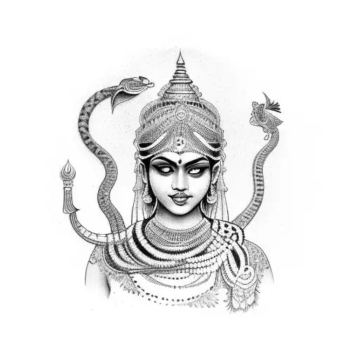 An Indian Goddess With A Serpent Crown In Dotwork Style