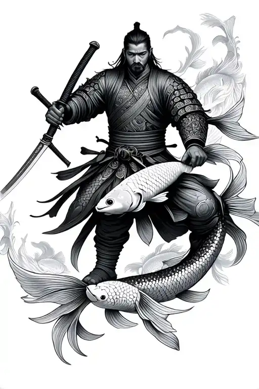 Ronin Warrior Holding A Katana Surrounded By Koi Fish