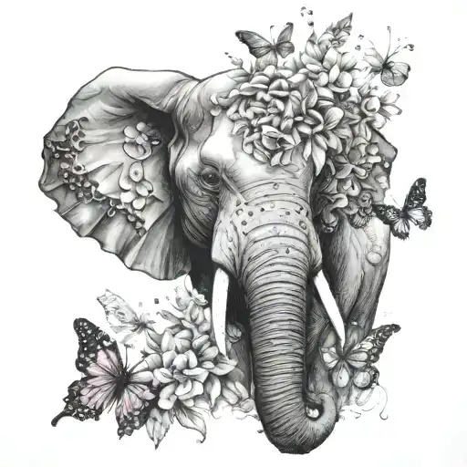 Elephant Face With Butterflies And Flowers Growing
